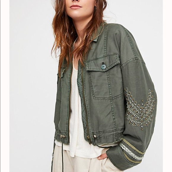 Free People Green Beaded Crop Military 